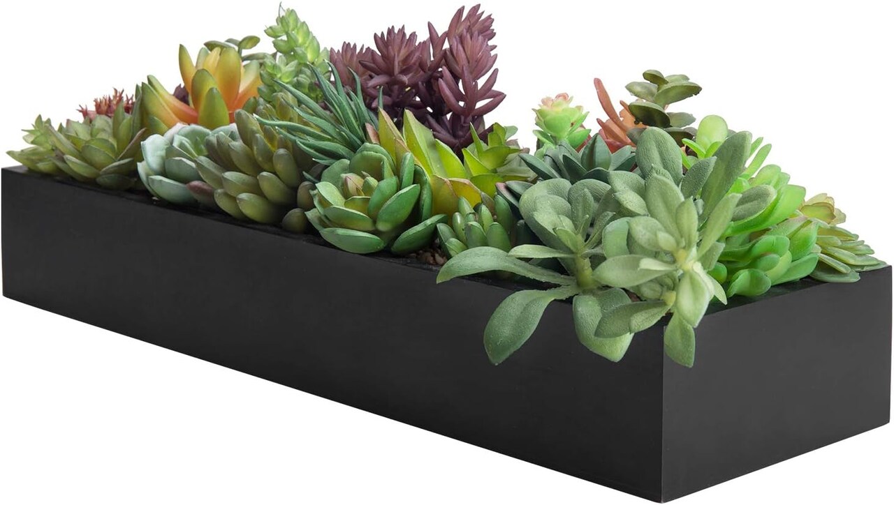 Artificial Succulent Centerpiece,15.75 Inch Faux Succulents Arrangement Plants in Sleek Black Wooden Rectangular Planter Box